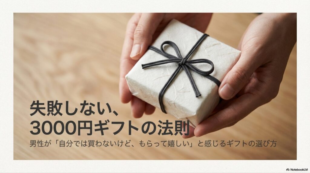 失敗しない3000円ギフトの法則のタイトルスライド。男性がもらって嬉しいギフトの選び方。