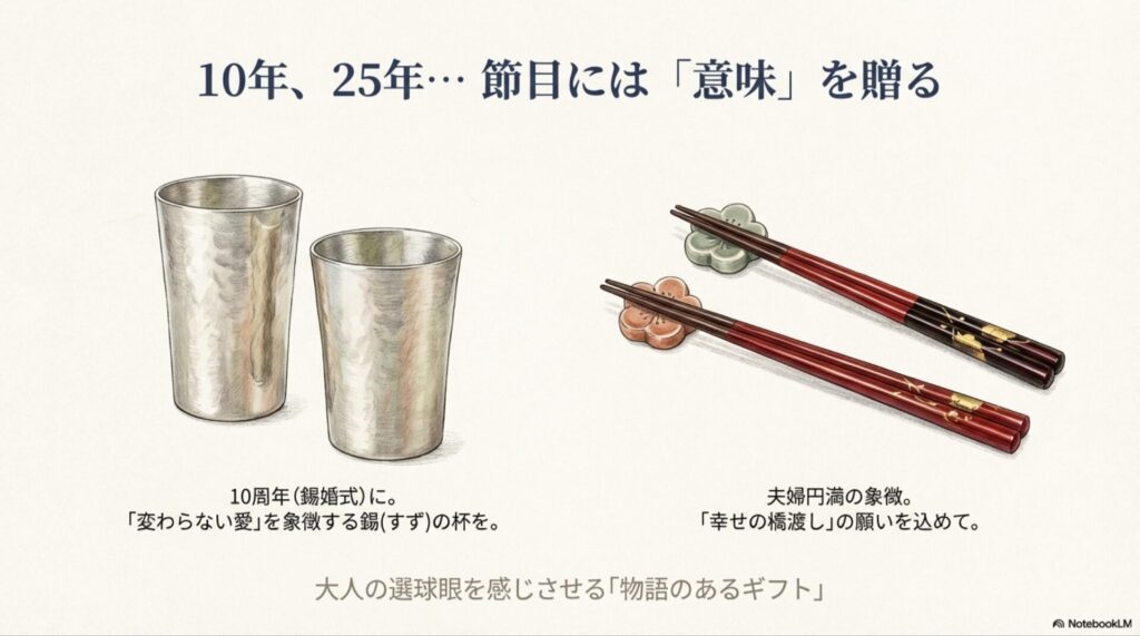 錫婚式の錫の杯と夫婦円満を願う夫婦箸のイラスト