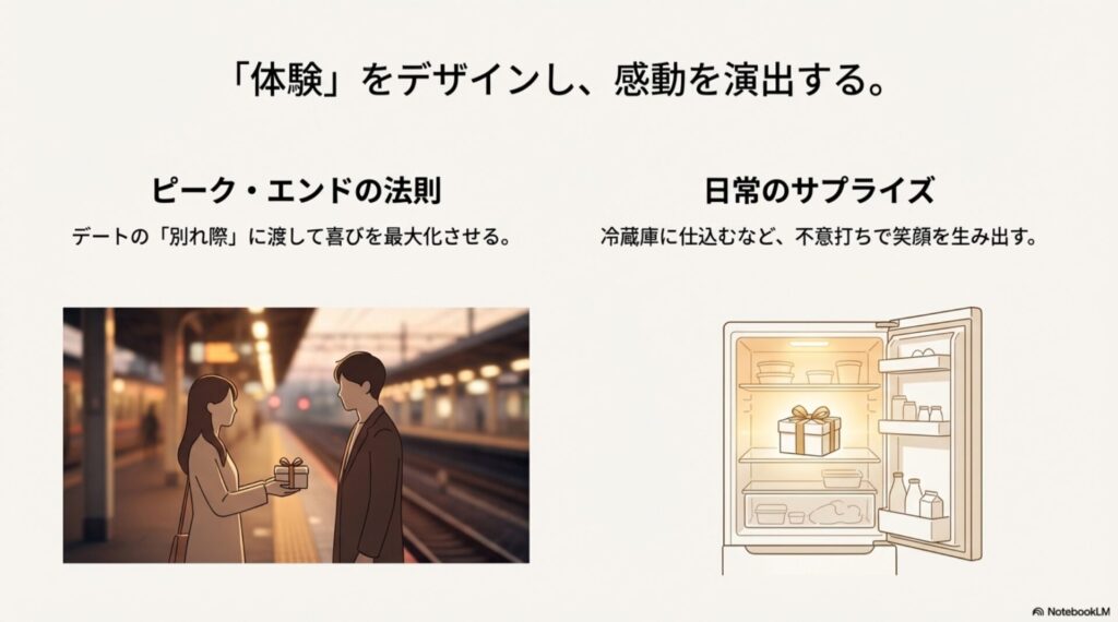 デートの別れ際や日常のサプライズなど、ピーク・エンドの法則を使った渡し方