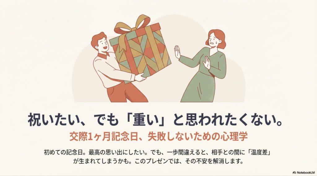 巨大なプレゼントを持った男性と、それを重荷に感じて引いている女性のイラスト。1ヶ月記念日の温度差を表現。