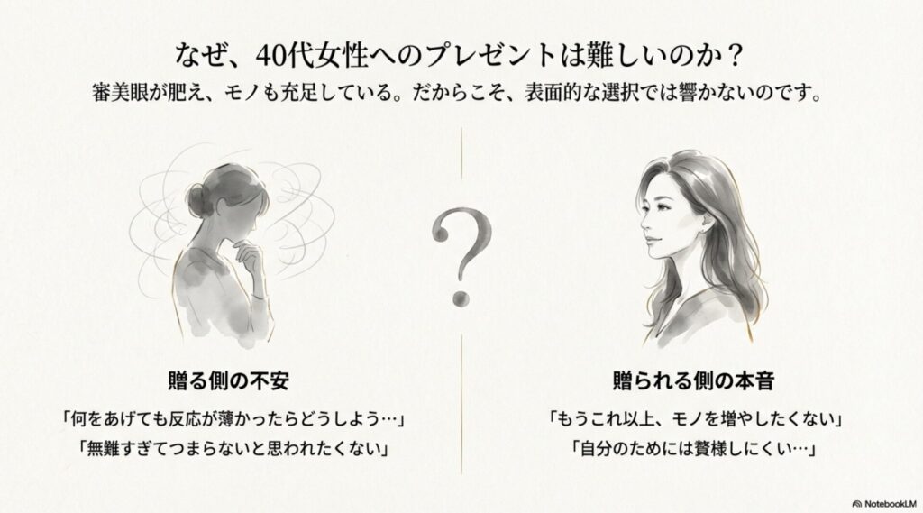 何を贈ればいいか悩み、考え込んでいる女性のイラスト