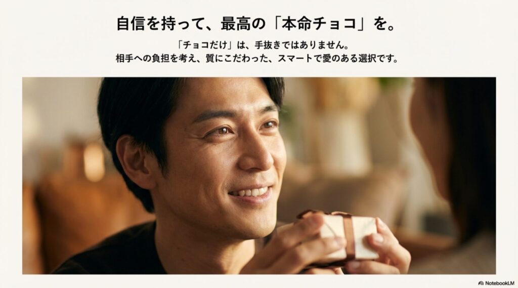 自信を持って本命チョコを彼氏に手渡す女性と喜ぶ男性のイメージ