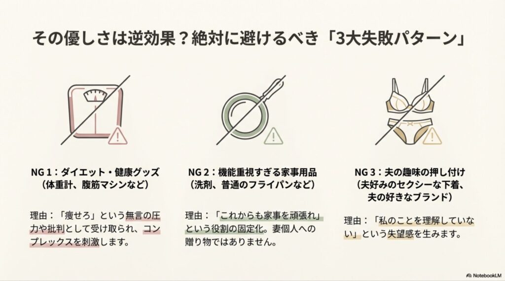 ダイエット用品・実用品・夫の趣味の押し付けなど、避けるべきNGプレゼントの例