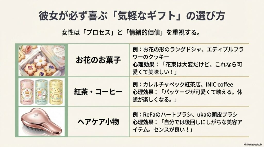 女性が喜ぶ気軽なギフトのイラスト。お花のクッキー、可愛いパッケージの紅茶、ハート型のヘアブラシなど。