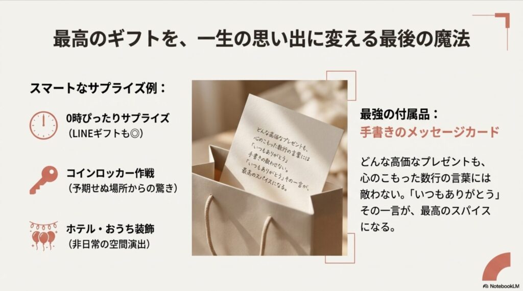 最高のギフトにする3つのサプライズ演出と手書きメッセージカードの重要性