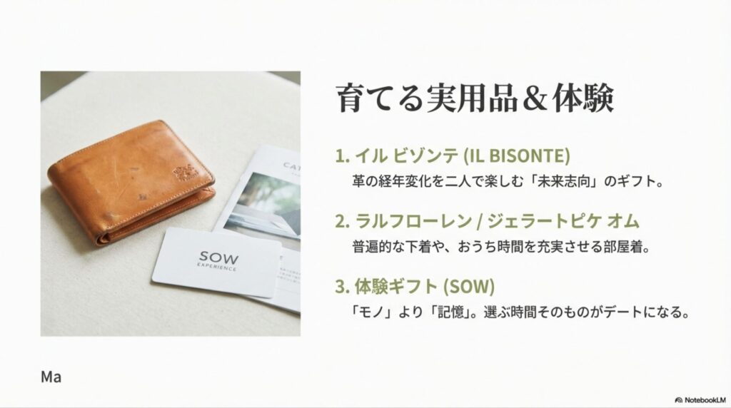 経年変化を楽しむイルビゾンテの革財布や、モノより記憶を贈るSOW EXPERIENCE（ソウ・エクスペリエンス）の体験ギフトカードのイメージ。