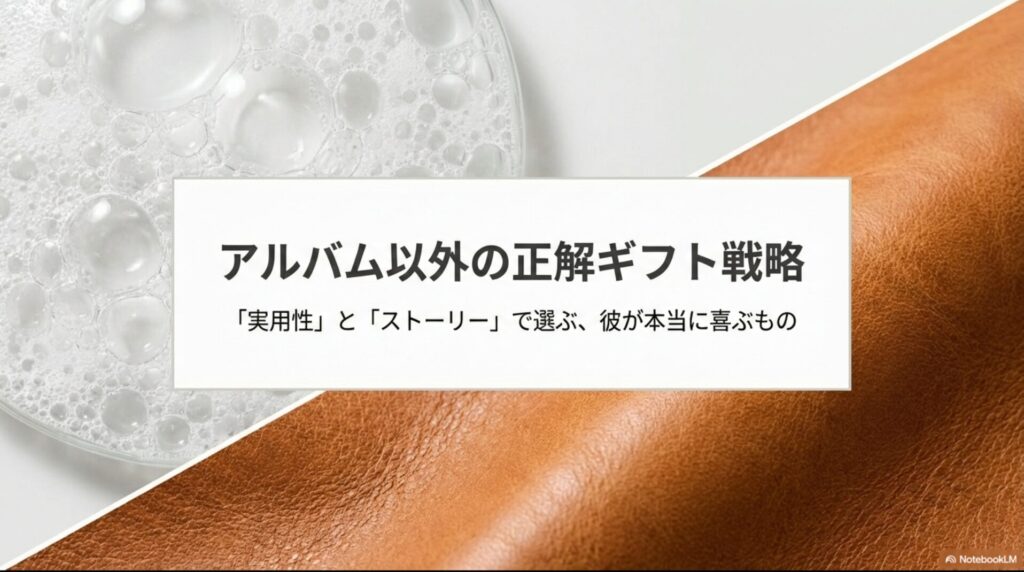 アルバム以外のギフト選びの正解戦略。「実用性」と「ストーリー」で選ぶことが、彼が本当に喜ぶポイントであることを示すスライド。