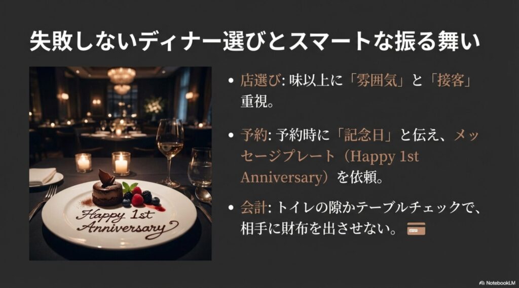 1st Anniversaryと書かれたデザートプレートの写真。店選びは雰囲気重視、会計はスマートに済ませるなどのポイント解説。