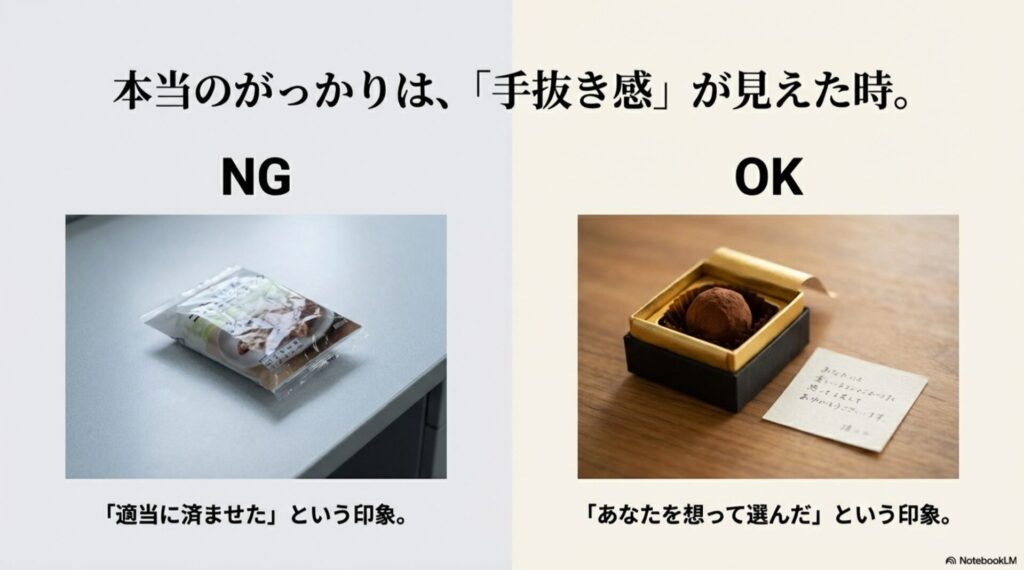 手抜きに見える袋入りのチョコと、想いが伝わる箱入りメッセージ付きチョコの比較