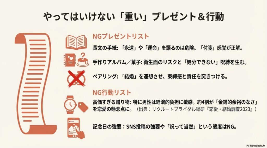 やってはいけない重いプレゼント(長文の手紙、手作りアルバム、ペアリング)とNG行動のリスト。