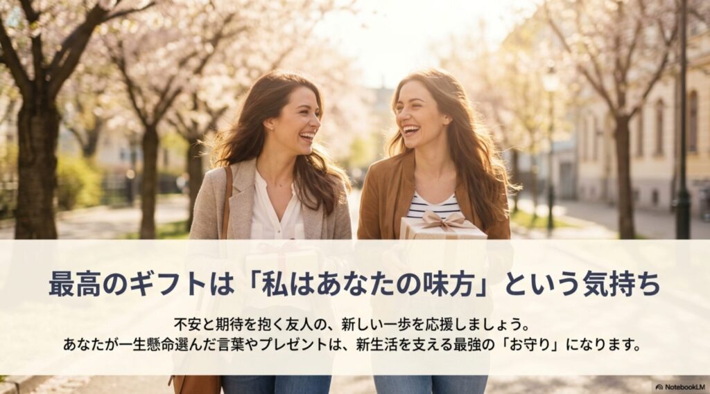 桜並木の下でプレゼントを持って笑顔で会話している二人の女性の写真。「私はあなたの味方」という応援のメッセージ。