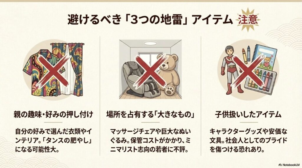 避けるべき3つの地雷アイテム（親の趣味・大きなもの・子供扱い）