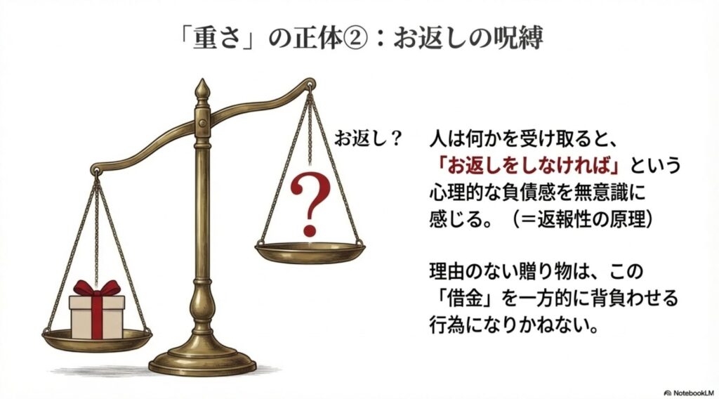 天秤に乗ったプレゼントとハテナマークのイラスト。お返しをしなければならないという心理的負債感(返報性の原理)を図解。