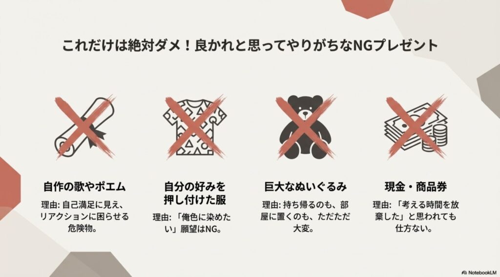 これだけは絶対ダメ！良かれと思ってやりがちなNGプレゼント4選（ポエム・服・巨大ぬいぐるみ・現金）