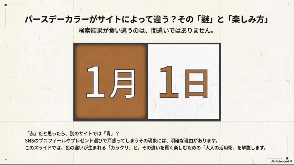 バースデーカラーがサイトによって色が違う理由とその謎を解説するスライドの表紙