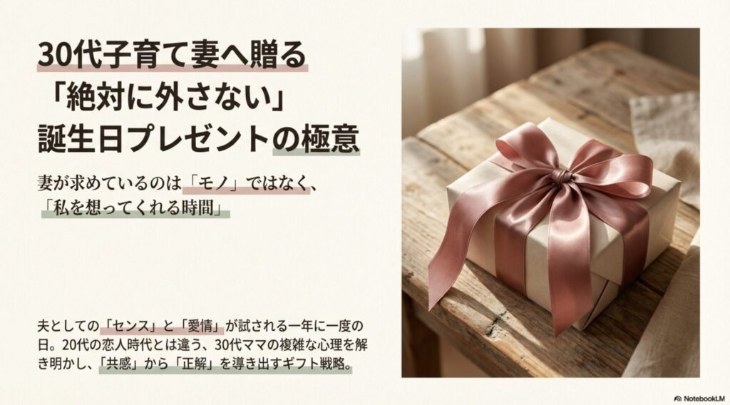 30代子育て妻へ贈る「絶対に外さない」誕生日プレゼントの極意を表紙にしたイメージ画像