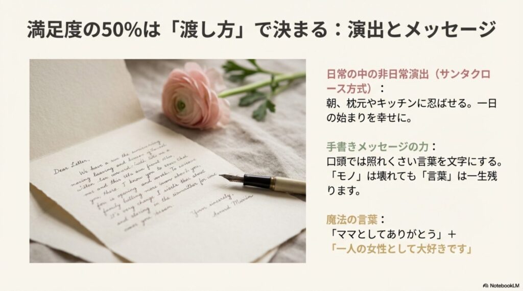 サンタクロース方式の演出や、一生残る手書きメッセージカードの重要性