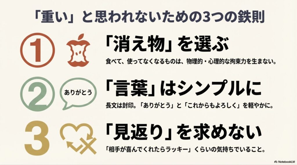 重いと思われないためのポイント3つ。1.消え物を選ぶ、2.言葉はシンプルに、3.見返りを求めない。