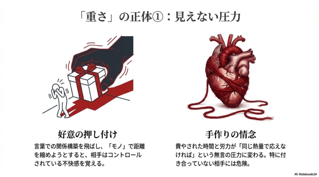 巨大な手からプレゼントを押し付けられ怯える人のイラスト。好意の押し付けと見えない圧力を表現。