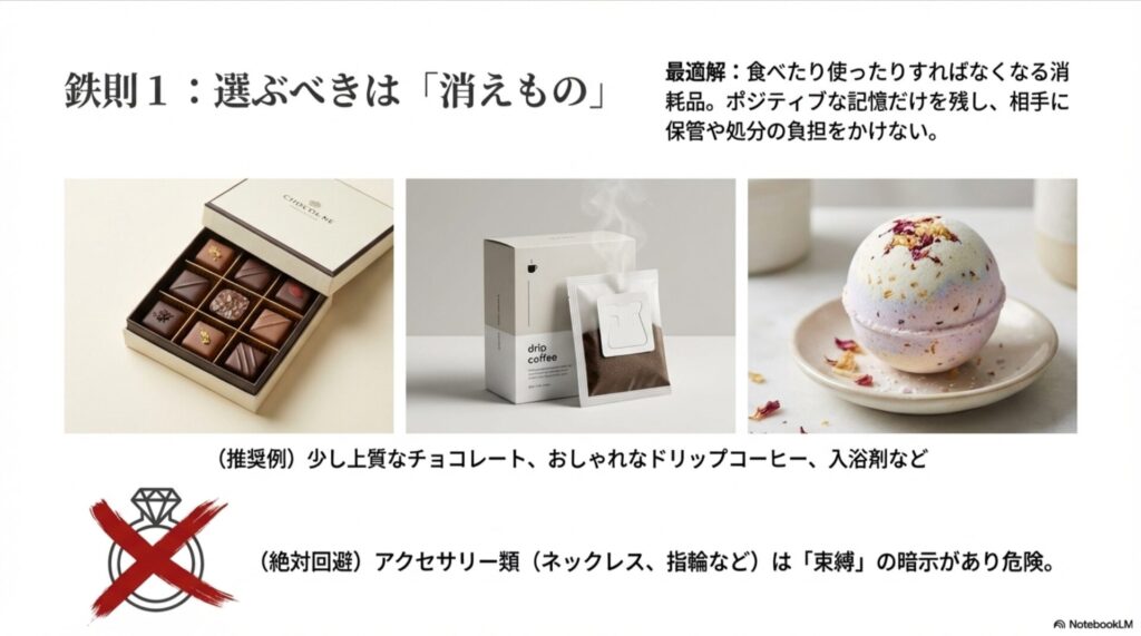 チョコレート、コーヒー、バスボムなどの推奨アイテムと、バツ印がついた指輪のイラスト。消えものを選ぶ重要性。