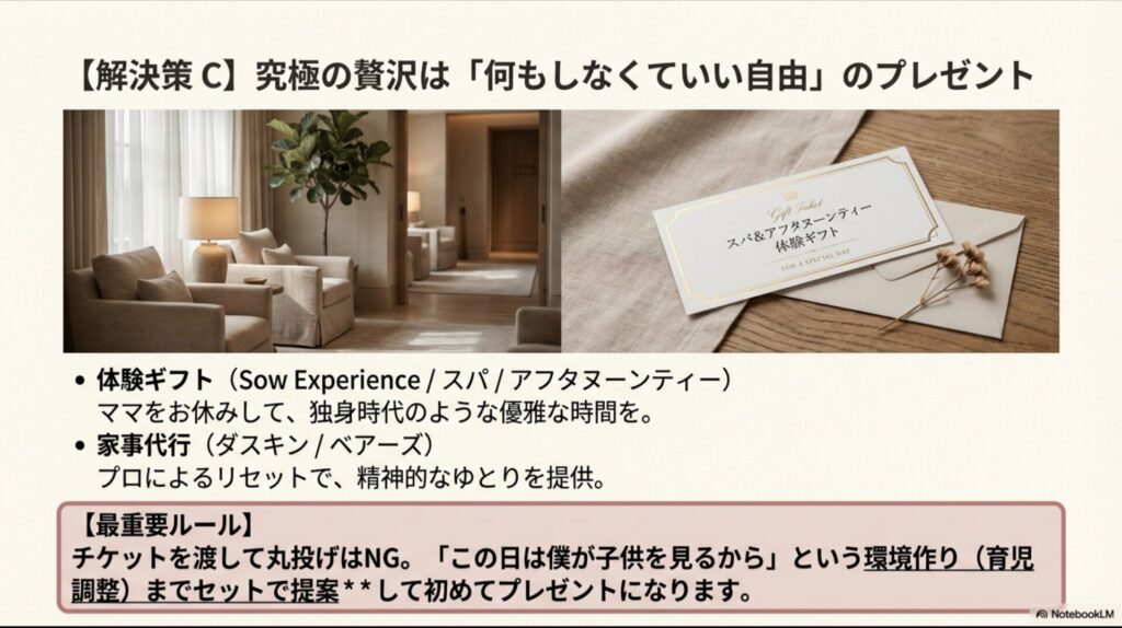 スパやアフタヌーンティーのチケットと、育児調整を含めた体験ギフトの提案