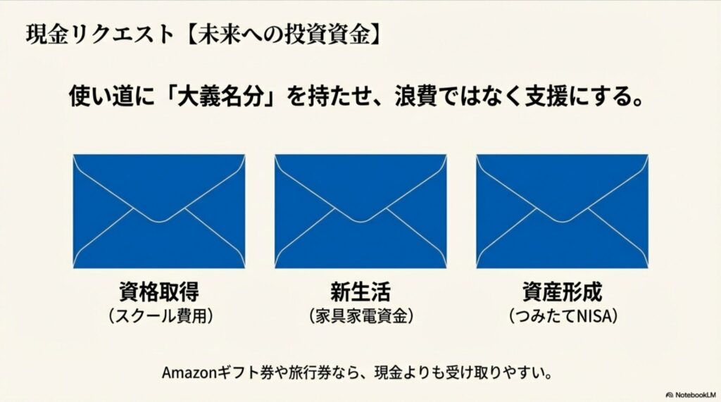 親への現金リクエストにおすすめの資格取得や資産形成などの名目