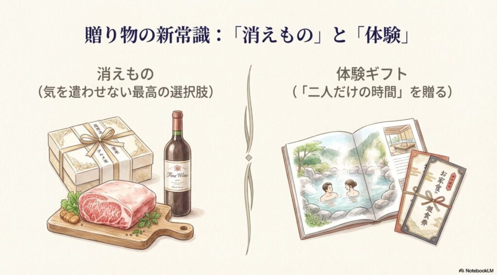 高級肉やワインなどの消えものと体験ギフトのイラスト