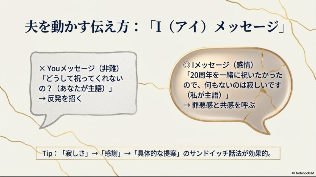 相手を責める「Youメッセージ」と、自分の感情を伝える「Iメッセージ」の違い。寂しさ、感謝、提案のサンドイッチ話法の図解。