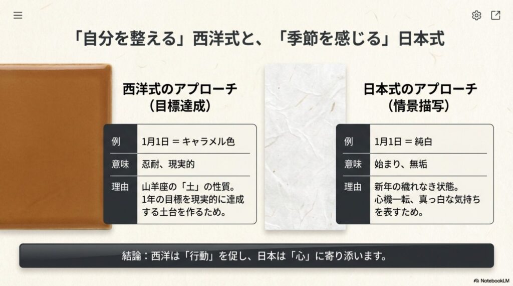 西洋式は目標達成、日本式は情景描写を重視するというバースデーカラーのアプローチの違いを比較した表