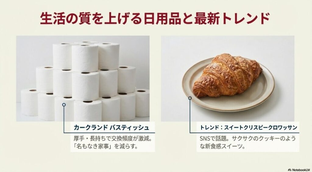 厚手で長持ちするカークランドバスティッシュと、トレンドのスイートクリスピークロワッサン。生活の質を上げる日用品。