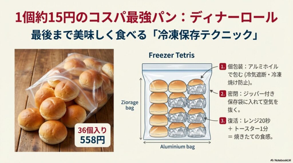 コストコのディナーロールを最後まで美味しく食べる冷凍保存方法。アルミホイルで個包装し、保存袋に入れて冷凍焼けを防ぐ手順。