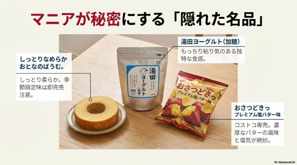 コストコマニアが秘密にする隠れた名品。湯田ヨーグルト、おとなのばうむ、おさつどきっプレミアム塩バター味の紹介。