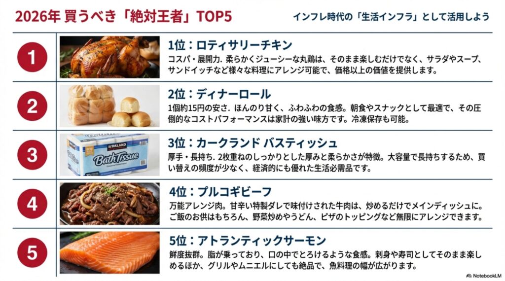 コストコのおすすめ商品ランキングTOP5。1位ロティサリーチキン、2位ディナーロール、3位バスティッシュ、4位プルコギビーフ、5位アトランティックサーモン。