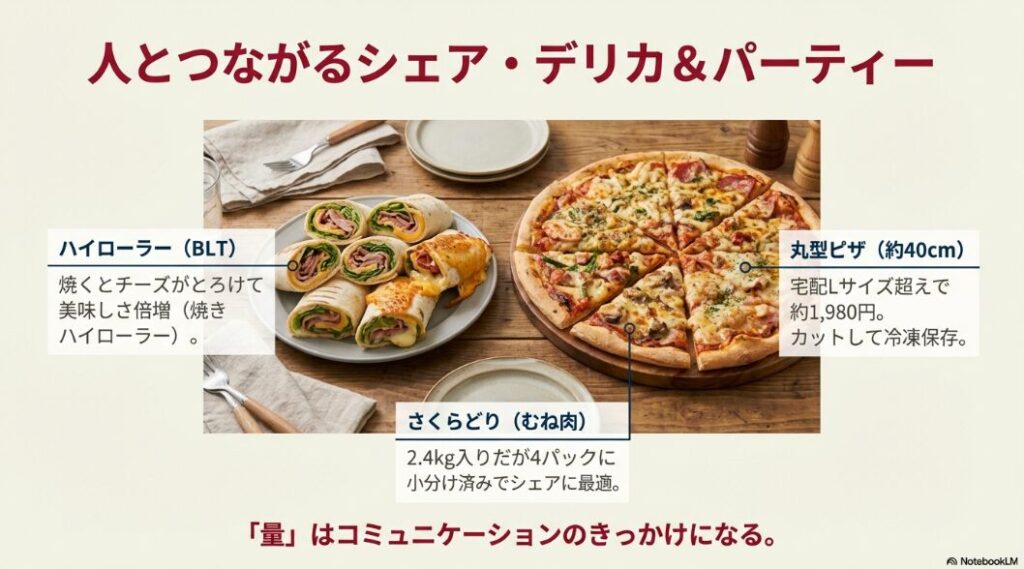 パーティーに最適なコストコのデリカ。ハイローラー、さくらどりむね肉、丸型ピザなど、シェアしやすい大容量商品の紹介。