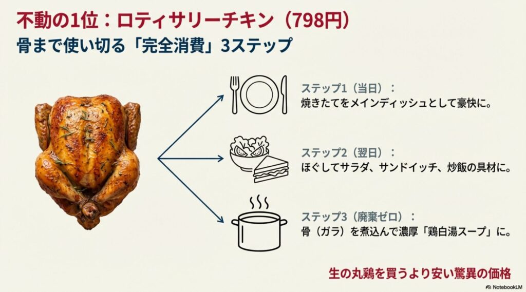 ロティサリーチキンの活用レシピ。当日はメインディッシュ、翌日はサンドイッチ、最後は骨で鶏白湯スープを作る3段階活用術。