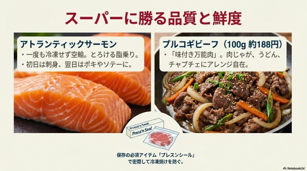 コストコのアトランティックサーモンとプルコギビーフの品質解説。鮮度を保つための必須アイテム「プレスンシール」の使用イメージ。