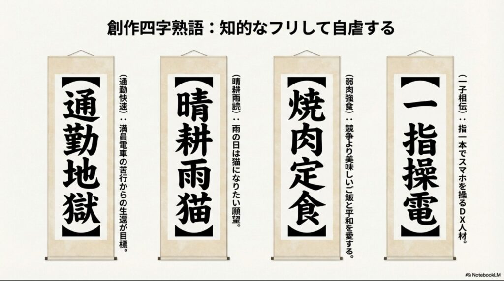 晴耕雨猫や通勤地獄など、知的なフリして自虐する創作四字熟語の掛け軸イメージ
