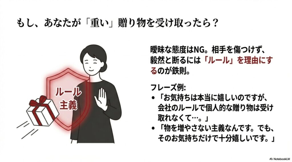「ルール主義」という盾を持ってプレゼントを断る女性のイラスト。角を立てずに断るテクニック。