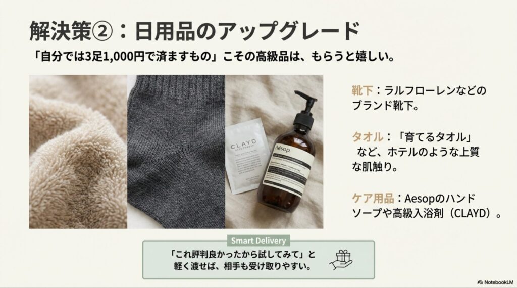 自分では買わない高級日用品のプレゼント例：育てるタオル、ブランド靴下、イソップのハンドソープ