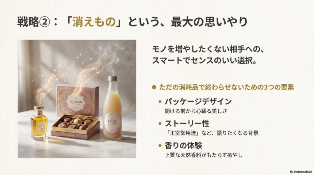 高級感のあるチョコレート、フルーツジュース、バスオイルが並んだギフトセットのイメージ