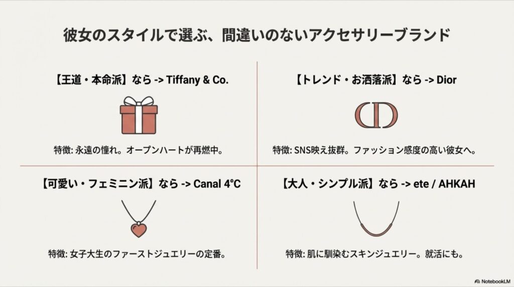 タイプ別！女子大生に人気のアクセサリーブランド分布図（Tiffany・Dior・4℃・ete）