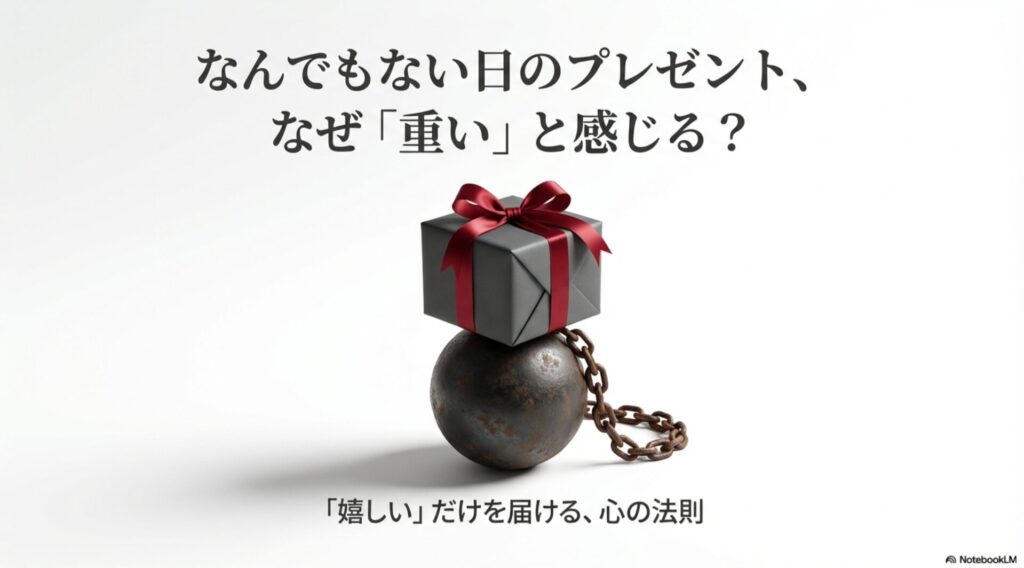 プレゼントの箱と鉄球がつながれたイラスト。なんでもない日の贈り物が心理的な重荷になる様子を表現。