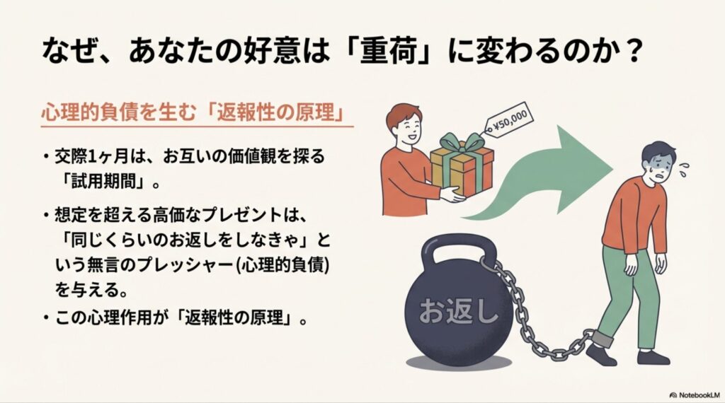 高価なプレゼントを受け取った男性が「同じくらいのお返しをしなきゃ」という心理的負債(鎖につながれた重り)を感じている図解。