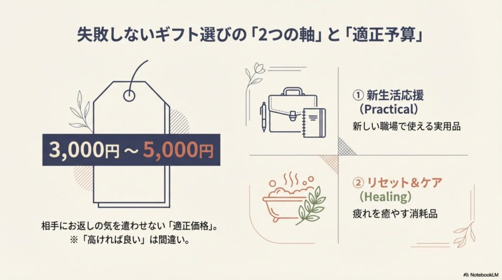 3,000円から5,000円と書かれたプライスタグのイラスト。相手にお返しの気を遣わせない適正価格の説明。