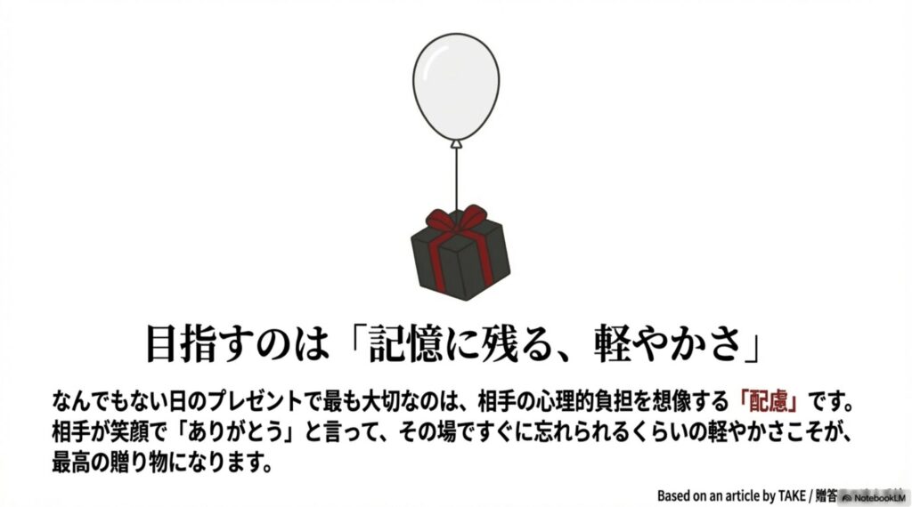 風船で浮かぶ軽いプレゼントの箱のイラスト。記憶に残る軽やかさが最高の贈り物であることを象徴。