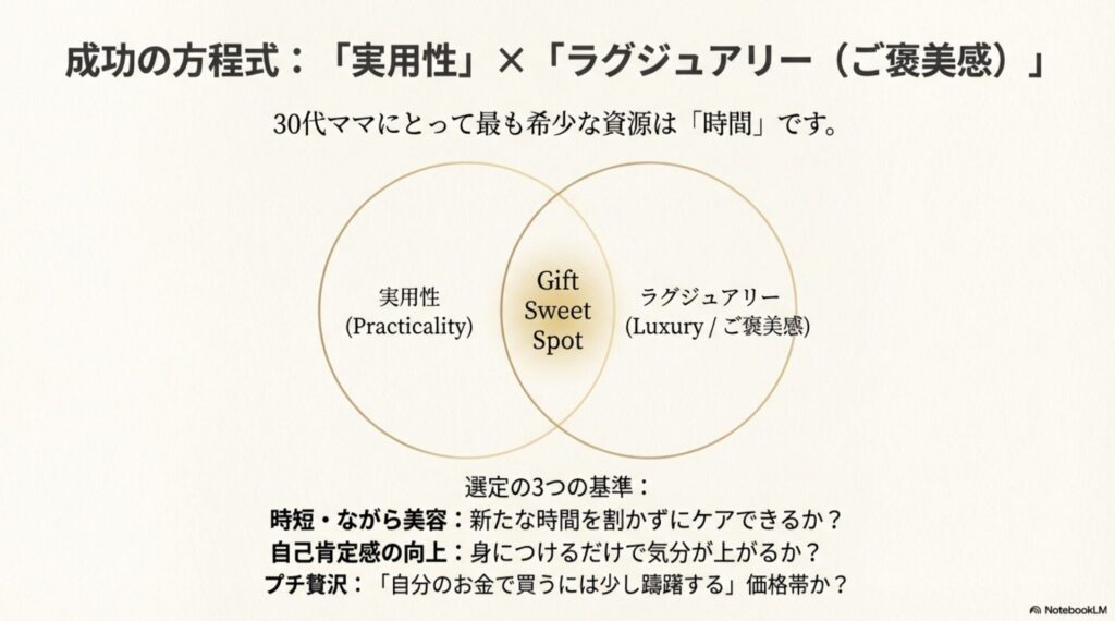 時短・ながら美容・プチ贅沢を基準にした、30代ママが喜ぶプレゼント選定のベン図