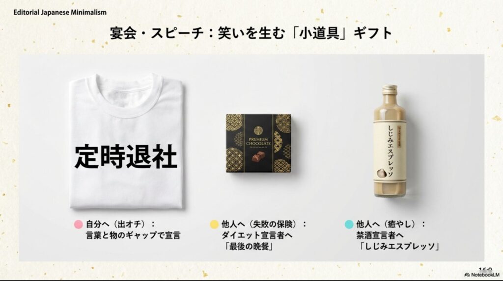 宴会やスピーチで笑いを生む小道具ギフト。プレミアムショコラやしじみエスプレッソ、定時退社グッズ