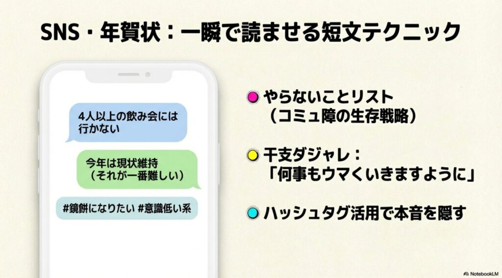 SNSや年賀状で使える短い抱負。4人以上の飲み会に行かない、現状維持などのコミュ障生存戦略