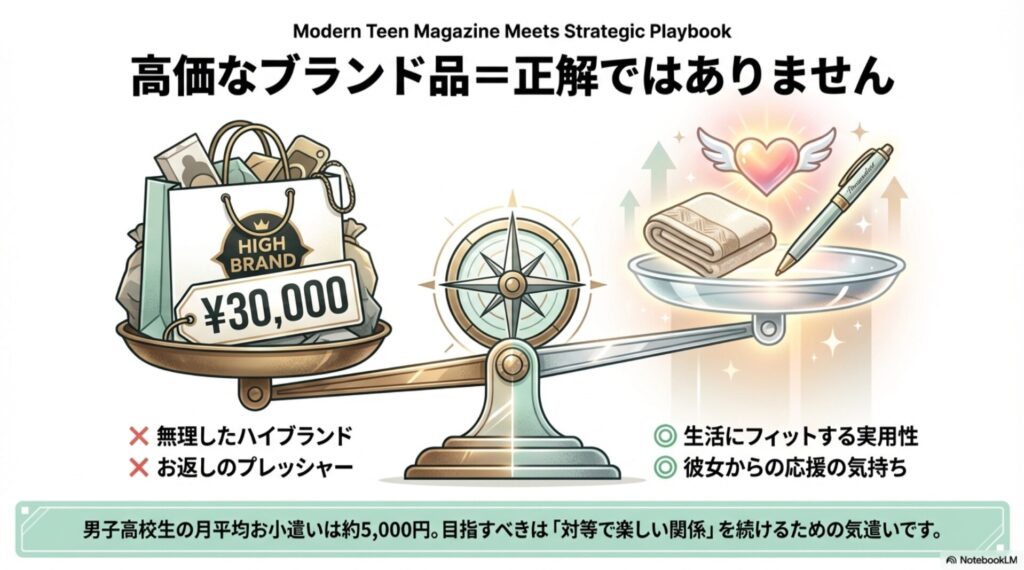 3万円のハイブランド品よりも、生活にフィットする実用性や応援の気持ちの方が男子高校生に喜ばれることを示す天秤のイラスト。