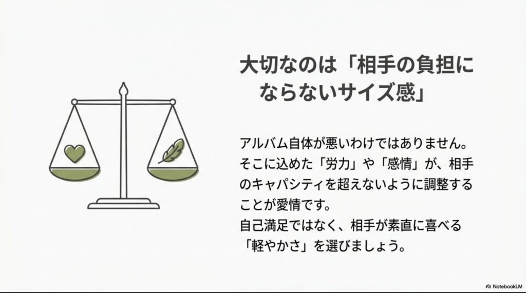 ギフト選びで大切な「相手の負担にならないサイズ感」を表す天秤のイラスト。重い愛情ではなく、軽やかな羽のような気遣いが釣り合っている様子。